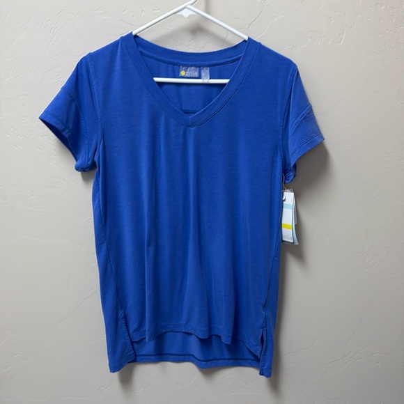 Zella Tops - Zella v neck dri fit tee. Size small. New with tags. Med blue. 18 ins pit/pit